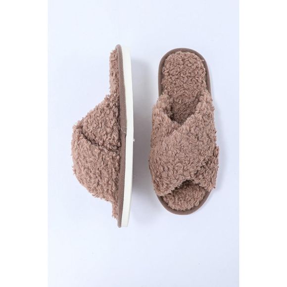 Azura Exchange  Brown Teddy Fur Cross Straps Home Slippers - Picture 7 of 13